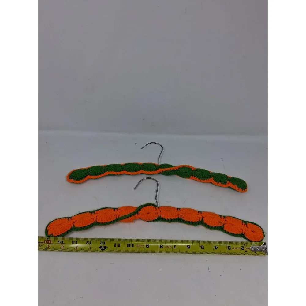 Vintage Handmade Crochet Padded Hanger Set of 2 Orange Green Retro Boho Decor. S